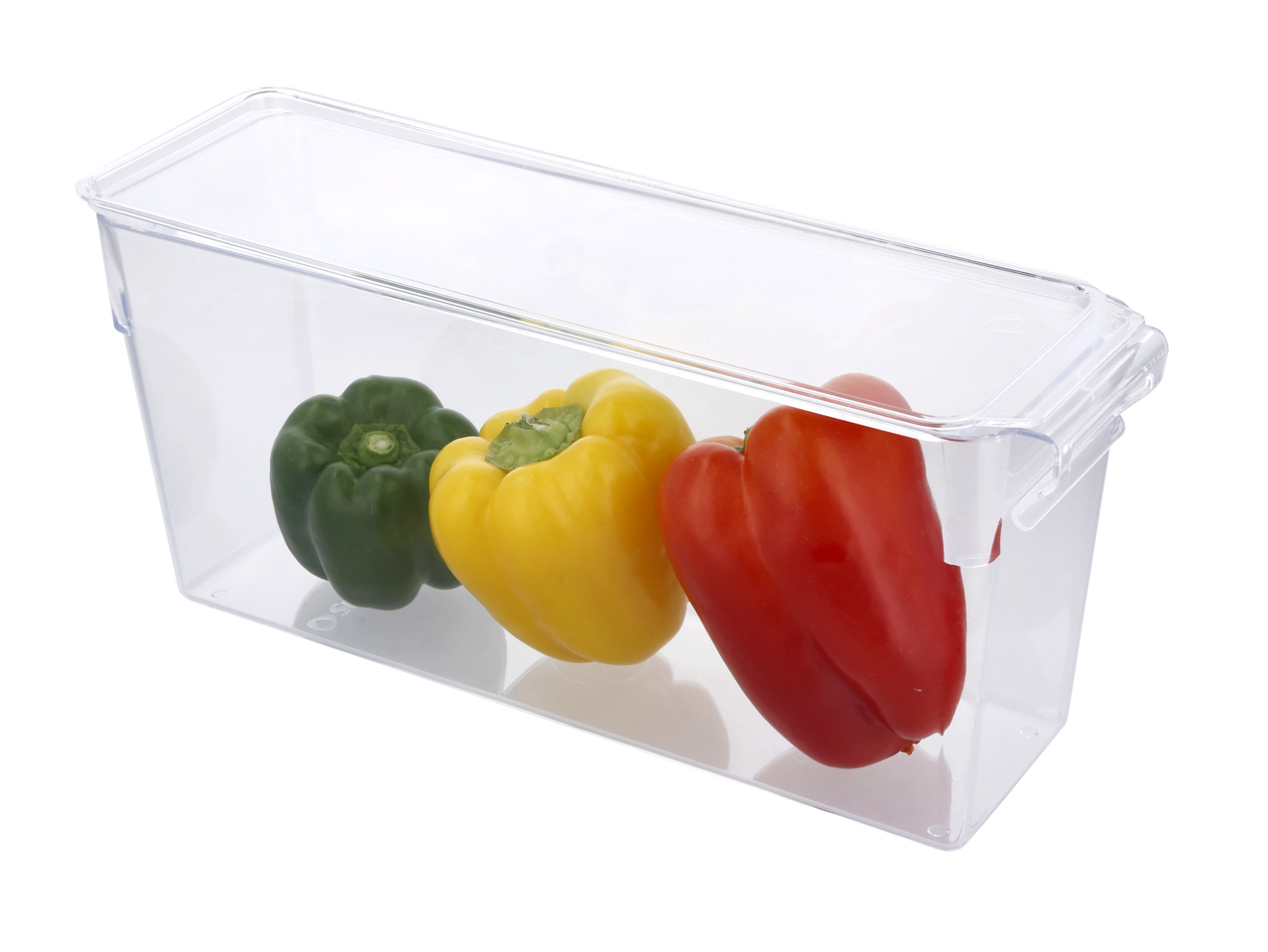 Transparante Silvercrest koelkastorganizer met drie paprika's.
