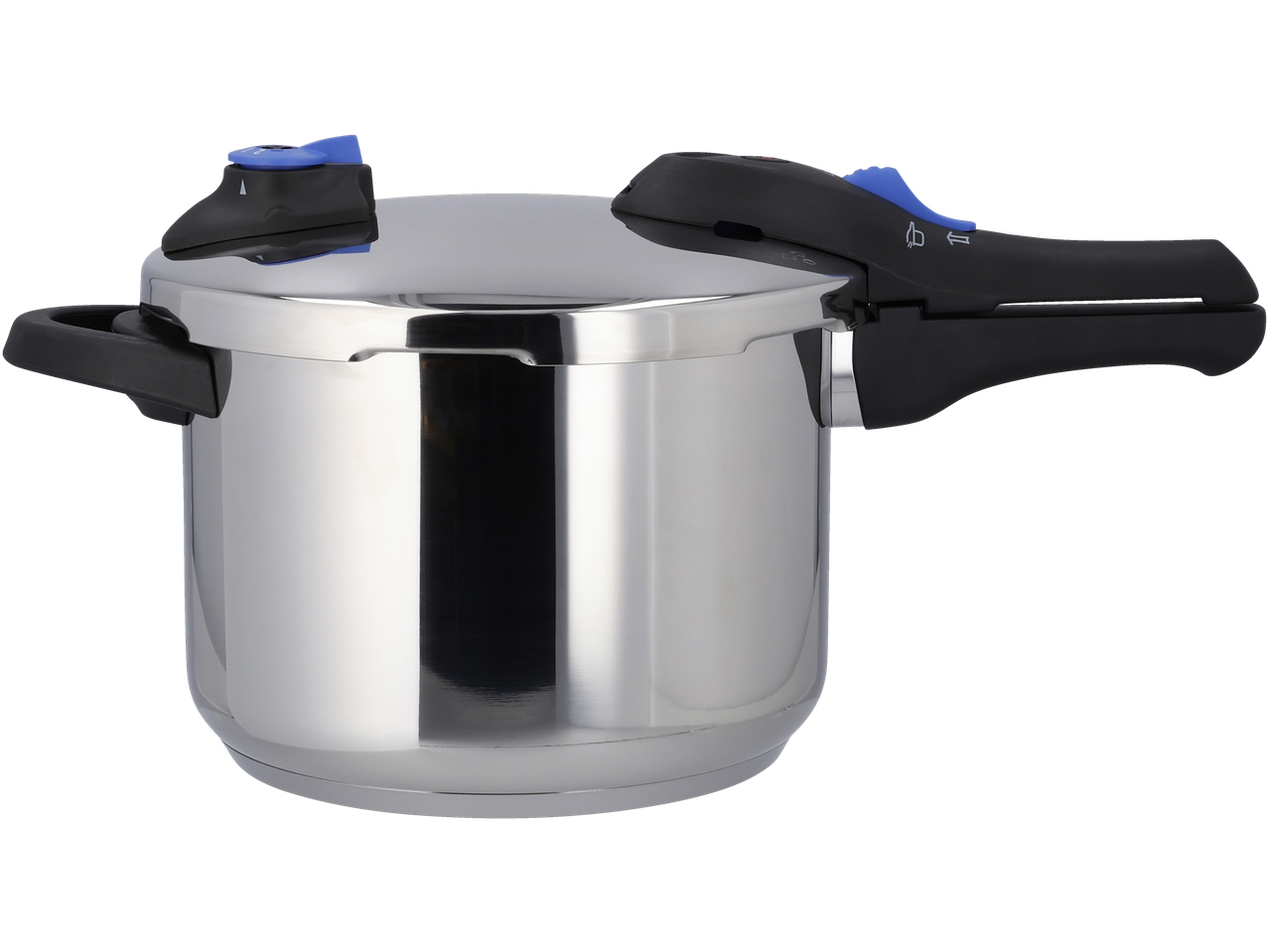 Stainless steel pressure cooker with black handles and blue accents on a black background.