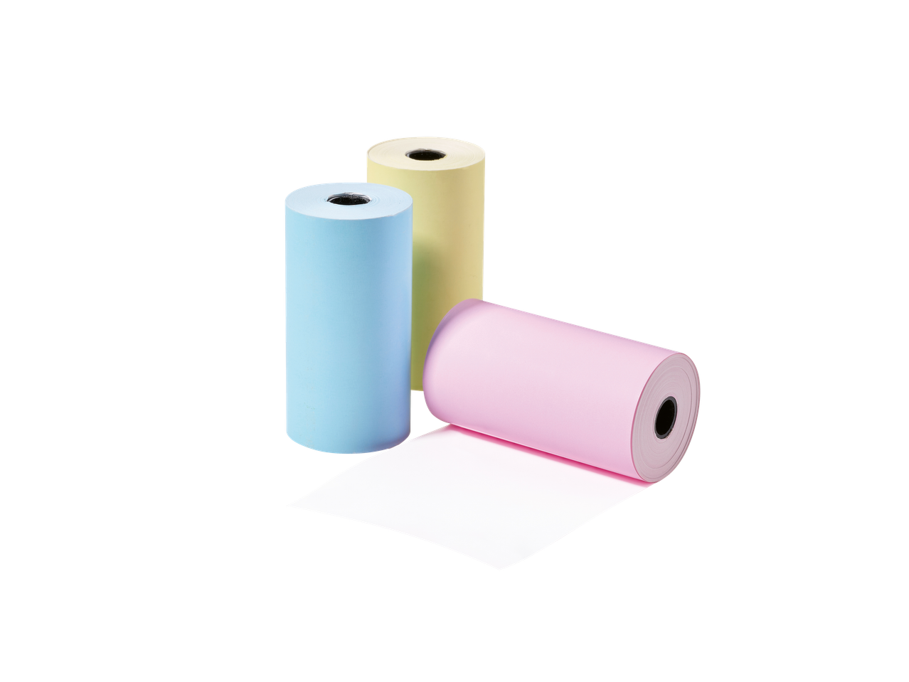 Três rolos de papel coloridos (azul, amarelo, rosa) para mini impressora de bolso TRONIC.