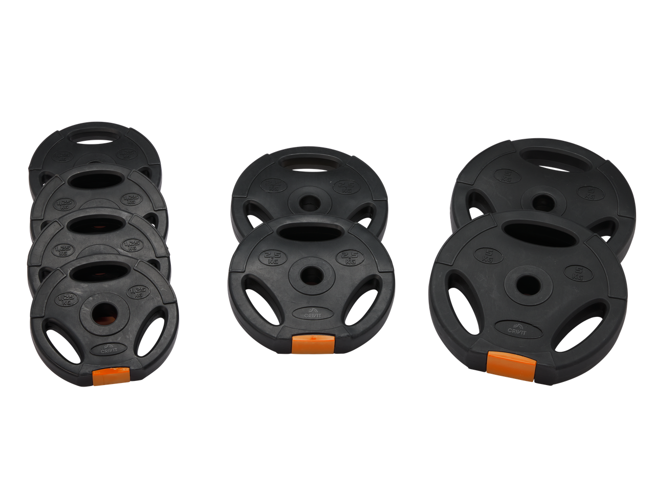 CRIVIT svaru komplekts ar 1,25 kg, 2,5 kg un 5 kg hanteles diskiem.