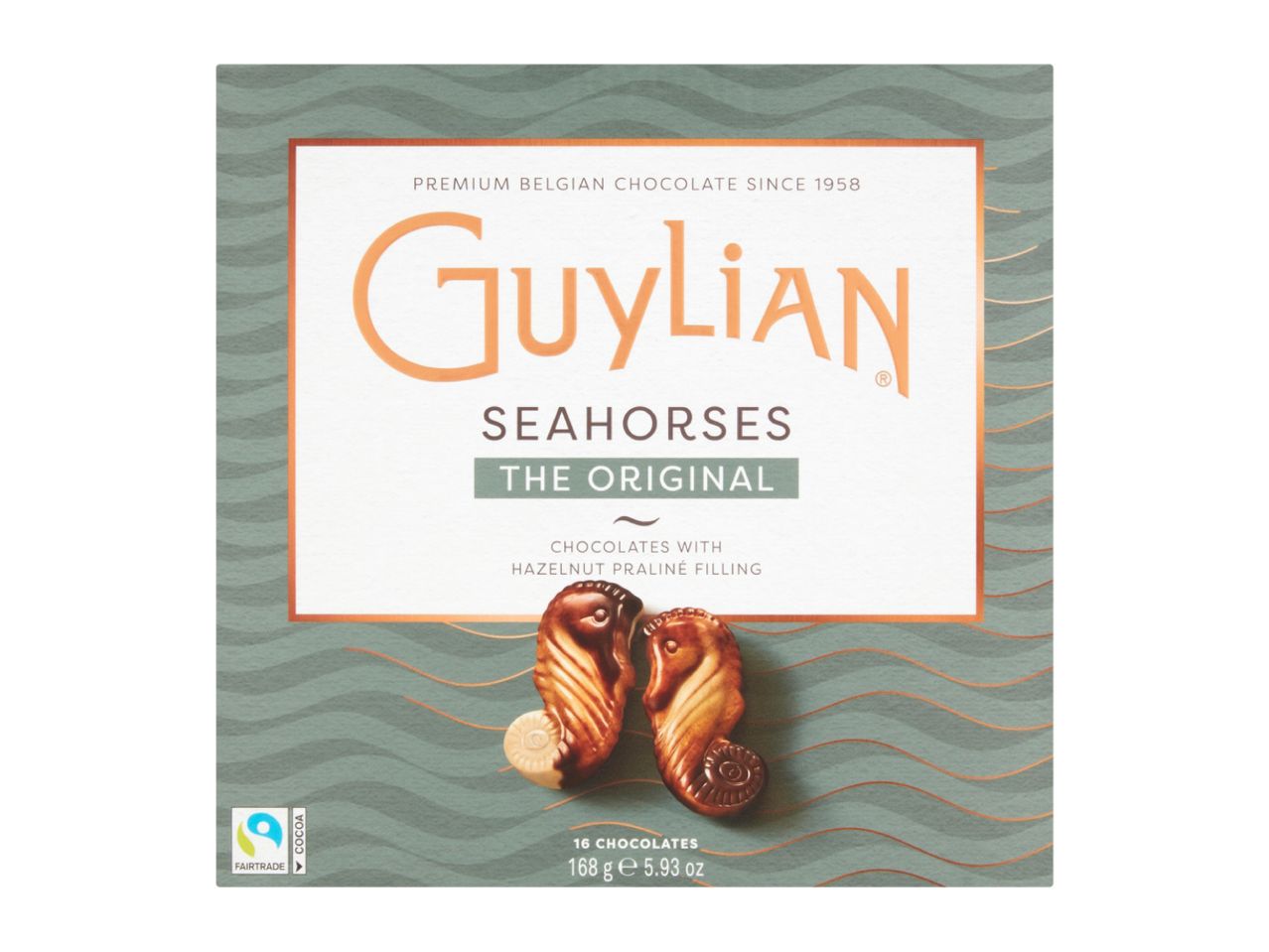 Guylian Seahorses chocolates with hazelnut praline filling, 168g box.