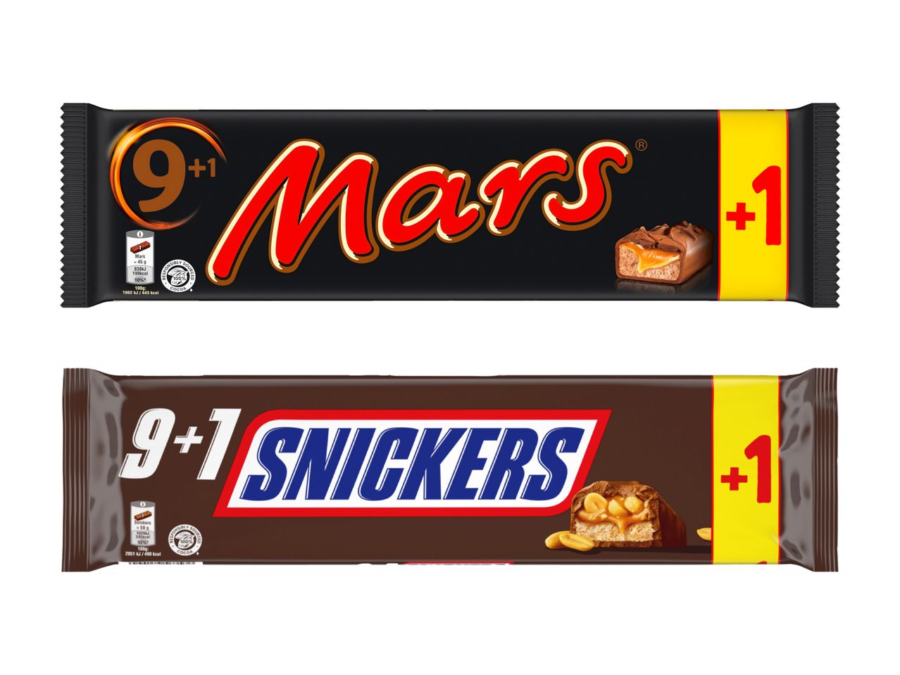 Zwei Mars und Snickers Schokoriegel im 9+1 Format.