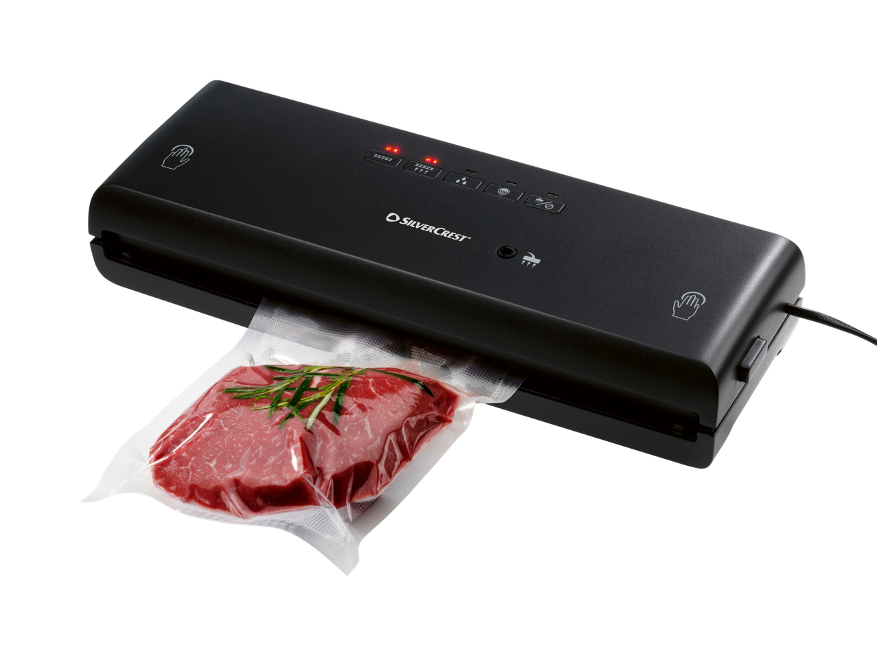 Silvercrest vaakumpakendaja pakendatud lihatükiga.