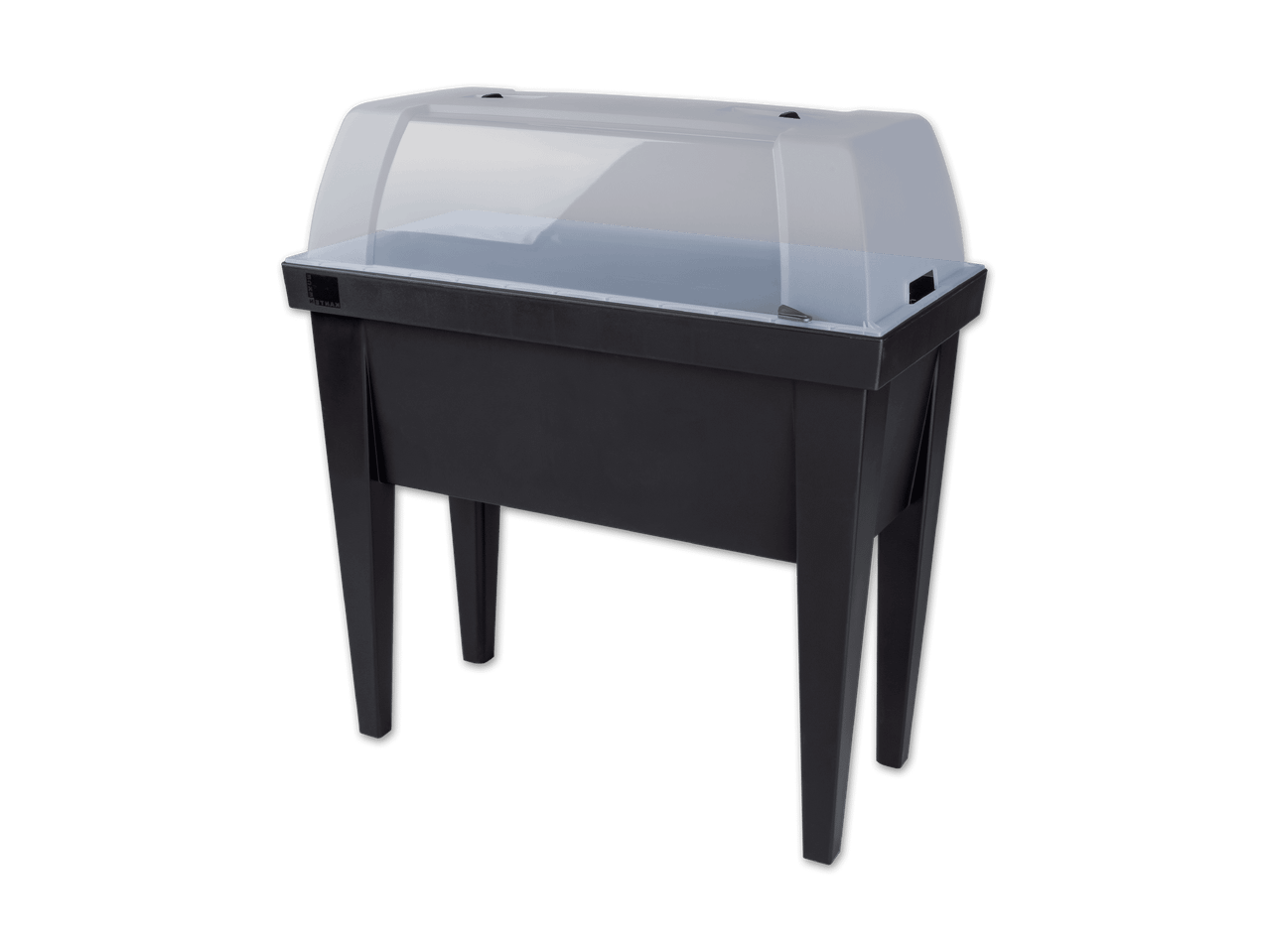 Schwarzes Hochbeet mit transparentem Deckel auf vier Beinen