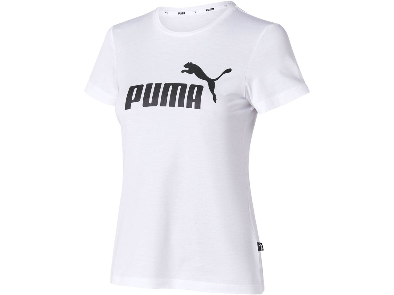 A white Puma t-shirt with the brand's logo and name in black on the front.