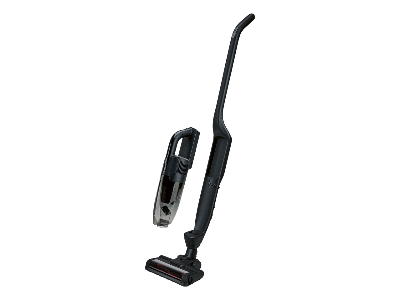 Черна безжична прахосмукачка 2 в 1 с подвижна ръчна прахосмукачка.