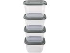 Stack of three gray-lidded, clear plastic food storage containers.