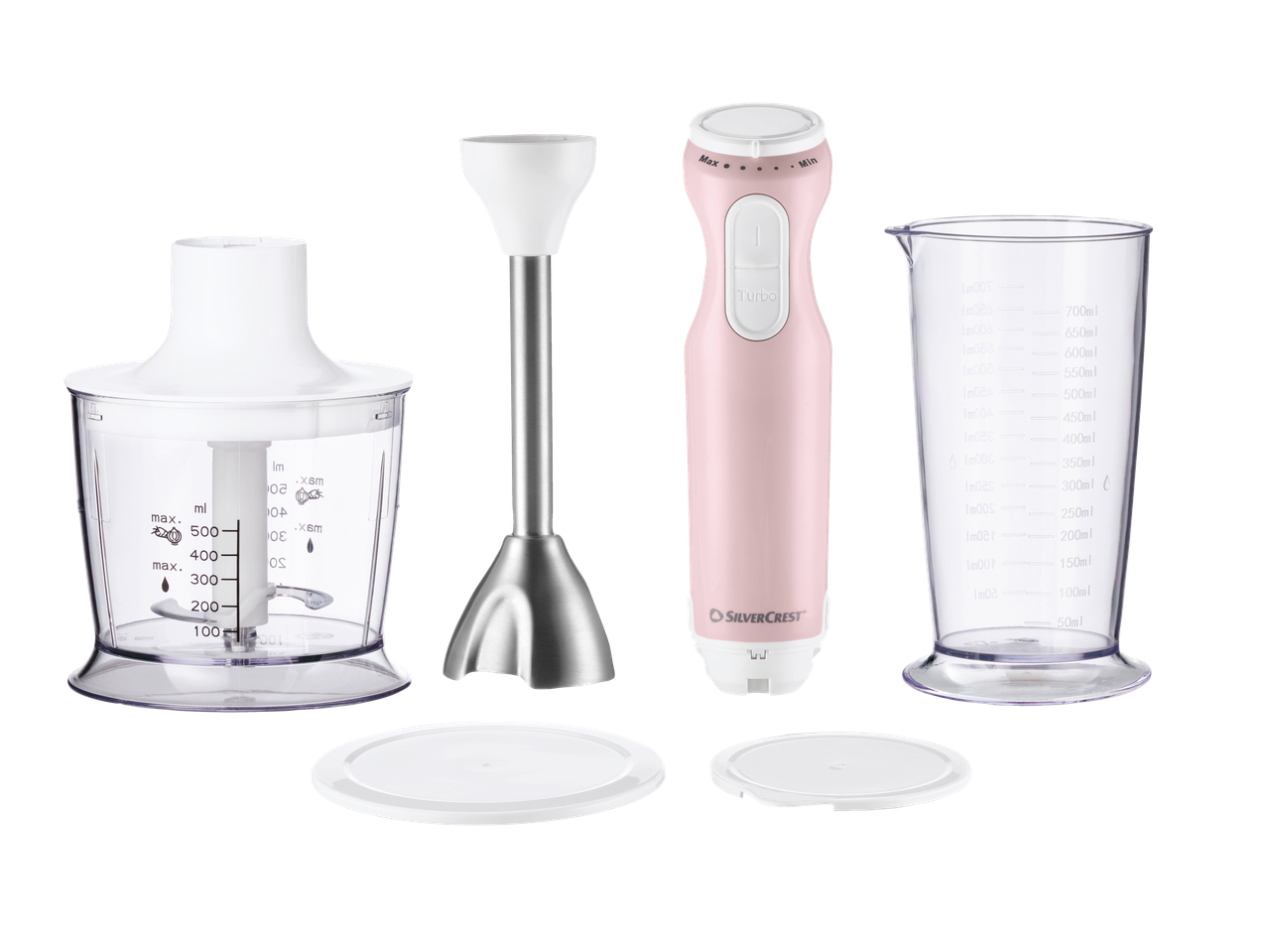 Rožinis rankinis trintuvas su priedais: smulkintuvas, plaktuvas, matavimo indas ir dangteliai.