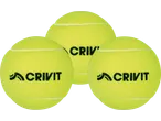 Drie CRIVIT tennis-/padelballen met logo op zwarte achtergrond.