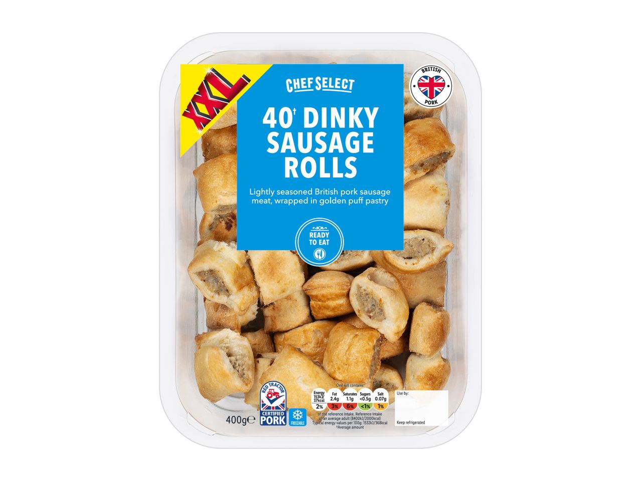 A clear plastic tray of 40 dinky sausage rolls, with a blue label indicating they are ready to eat.