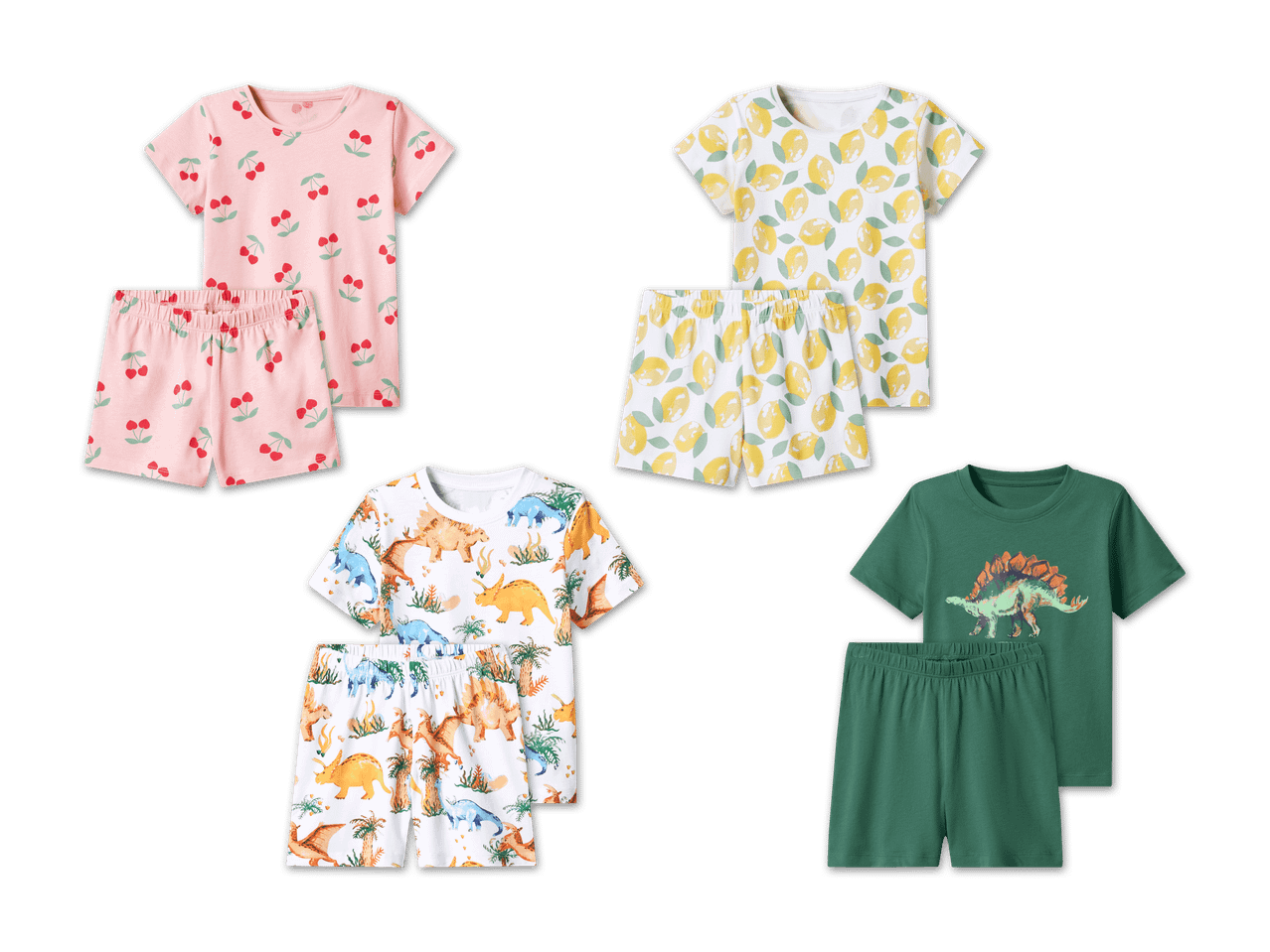 Vier Sets Kinder-Schlafanzüge mit kurzen Ärmeln und Shorts: Kirschen, Zitronen, Dinosaurier und einfarbig grün.
