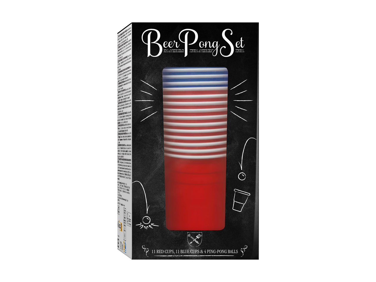 Conjunto de Beer Pong com copos vermelhos e azuis e bolas de pingue-pongue, em fundo estilo quadro.