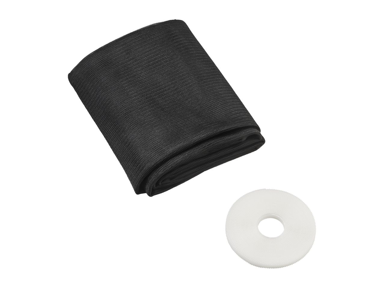 Black insect screen mesh and a roll of white hook and loop tape.