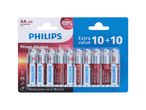 Philips AA alkaline batteries in a 20-pack, featuring 'Extra value 10+10' and 'Holds power up to 10 years' claims.