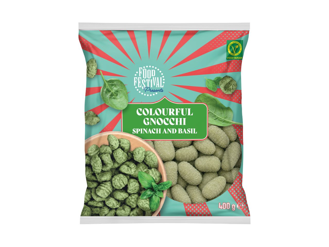 Packaging for colourful spinach and basil gnocchi, 400g, vegetarian.