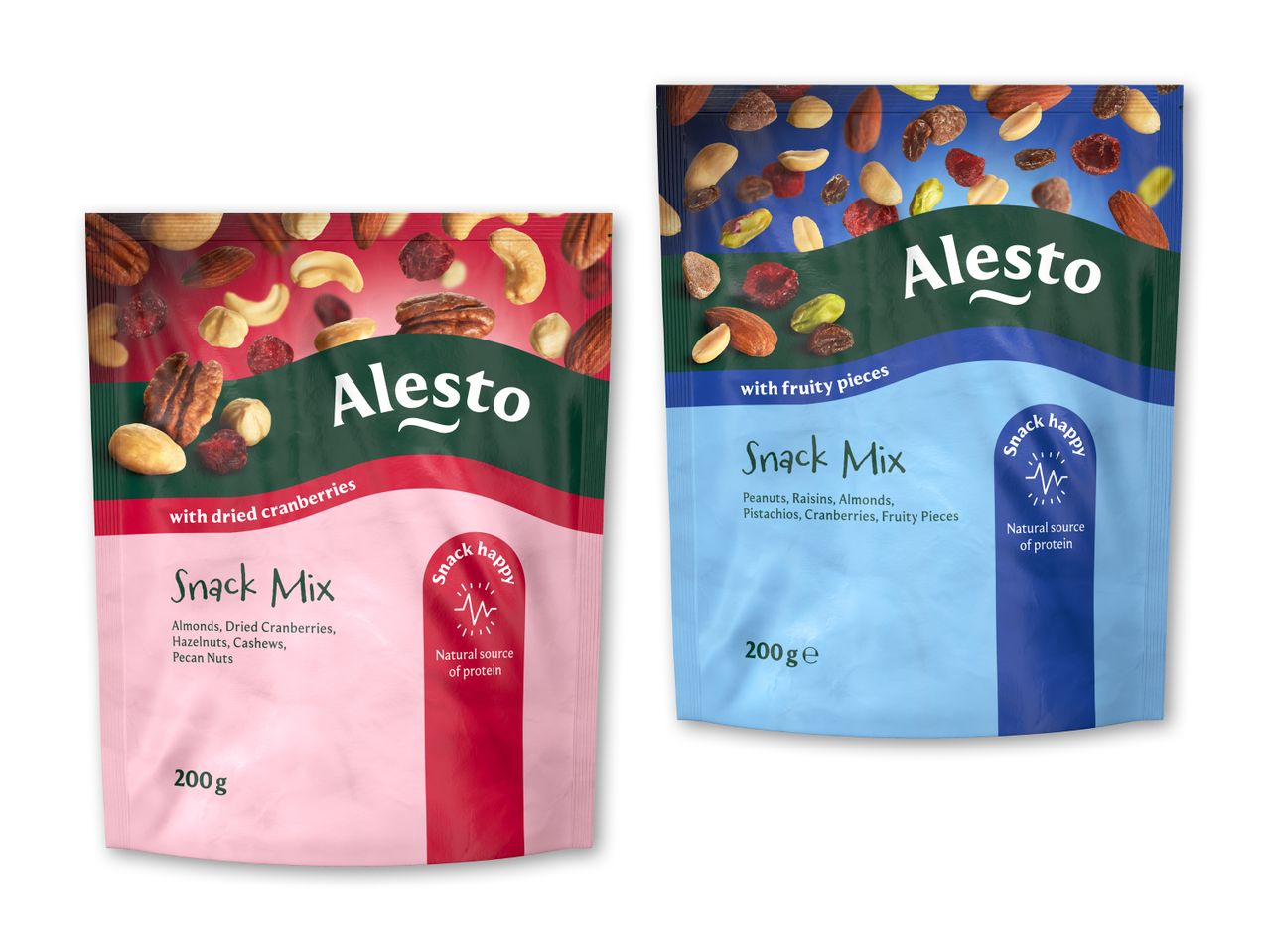 To poser snackblanding med nødder og tørrede frugter, den ene med tranebær og den anden med frugtstykker.