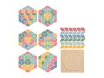 Hexagonal puzzle with colorful rhombus pieces and a wooden base
