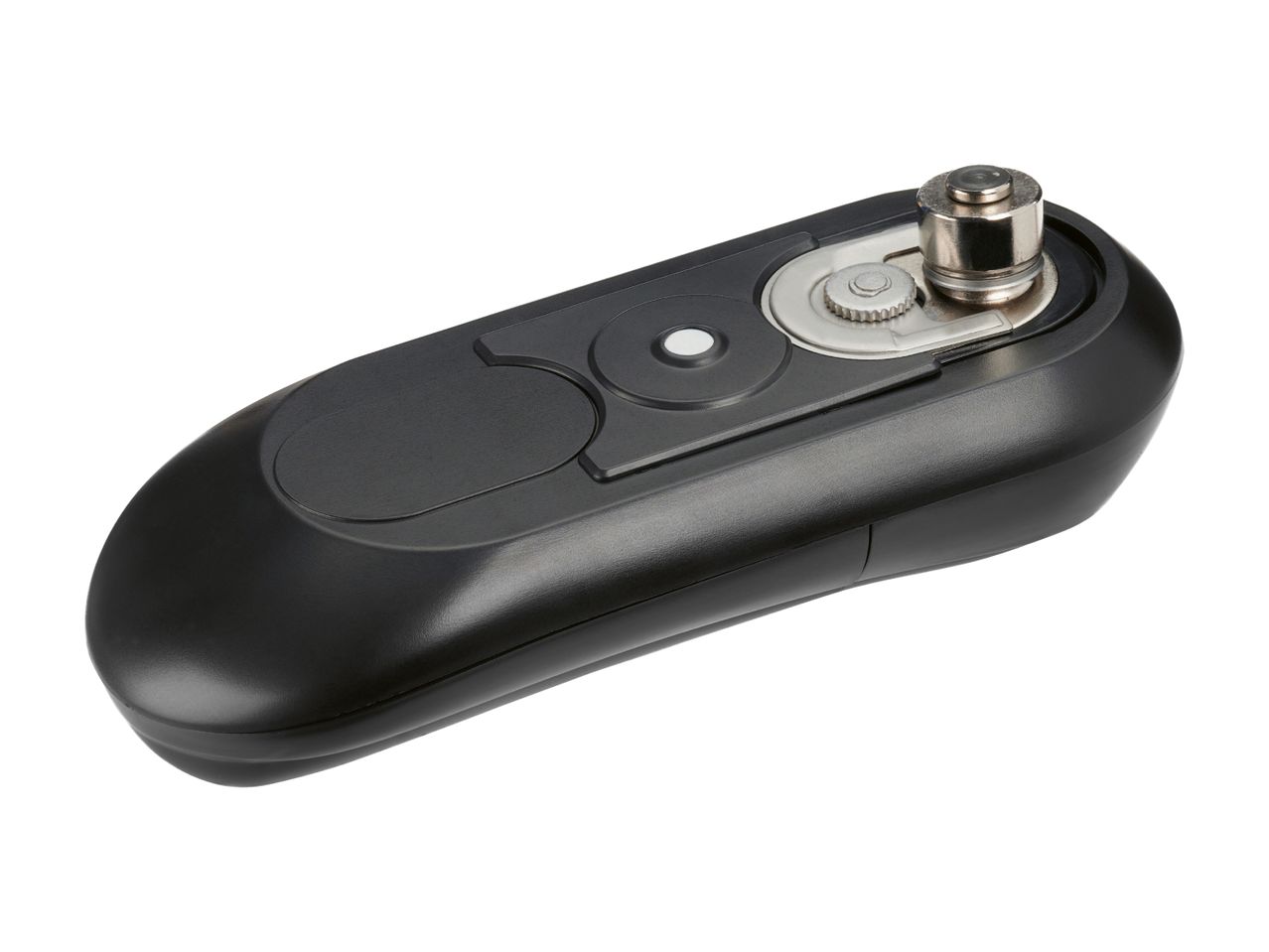 Black electric can opener with silver cutting mechanism on a white background.