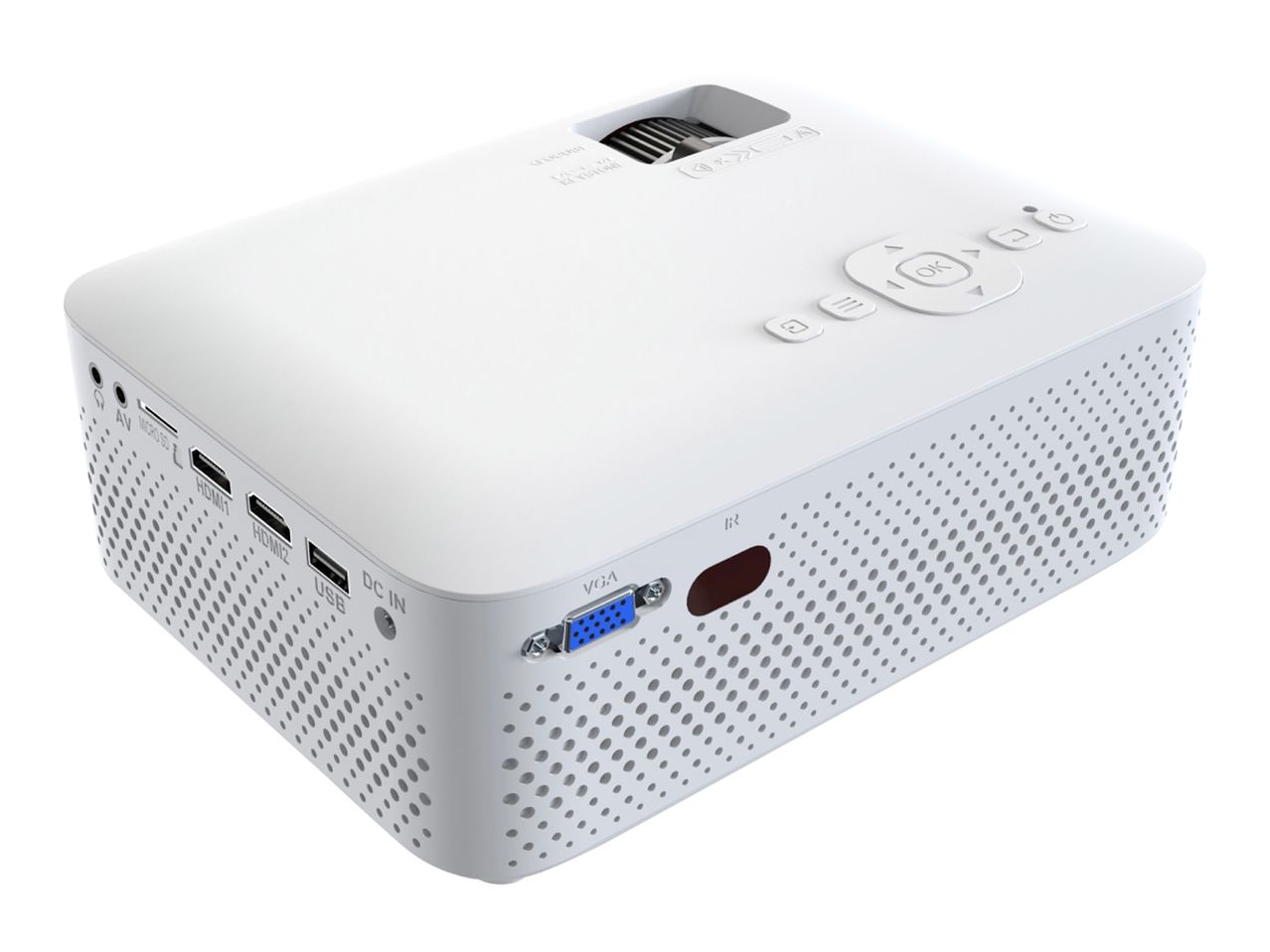 White multimedia projector with various ports and control buttons on top.