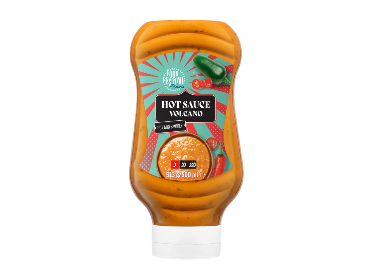 Hot sauce bottle with a label featuring chili peppers and text 'Hot Sauce Volcano, Hot and Smokey'.