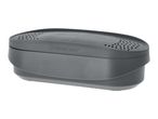 Grey rectangular food container with a perforated lid for ventilation.