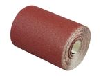 Roll of red sandpaper with a coarse texture, isolated on a white background.