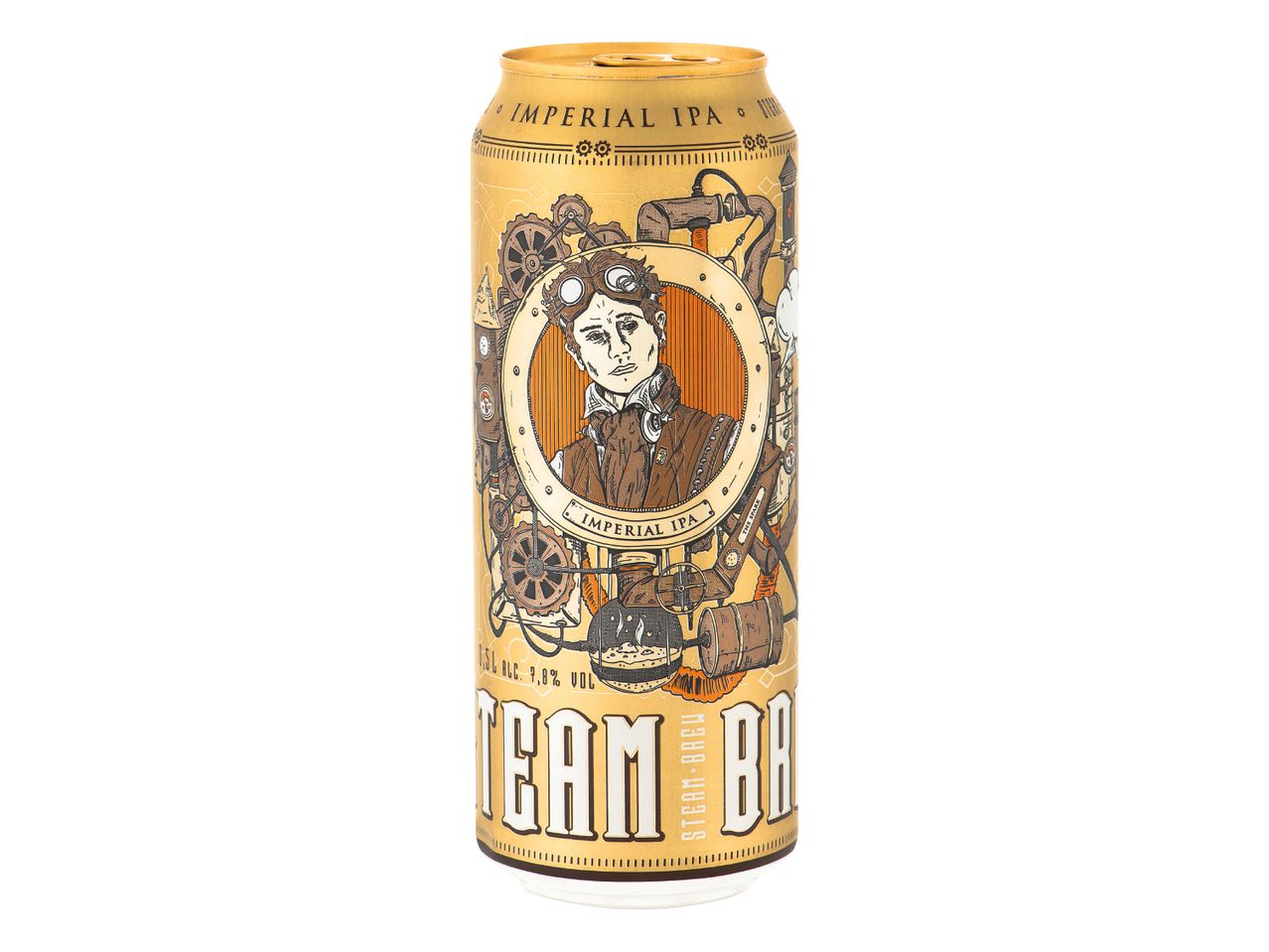 Zlata pločevinka piva Imperial IPA s steampunk ilustracijo.