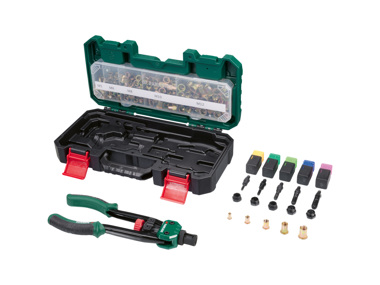 Conjunto de ferramentas Parkside para rebites de porca, com alicate e acessórios.