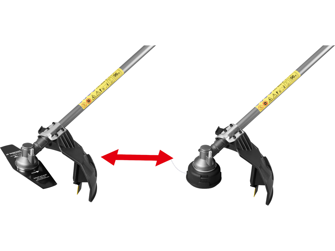 Kétoldalas fűkasza és damilos szegélynyíró, piros nyíllal jelölve a cserélhető fejeket.