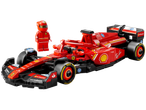 Raudonas LEGO Formulės 1 automobilis su vairuotoju ir Ferrari logotipu.