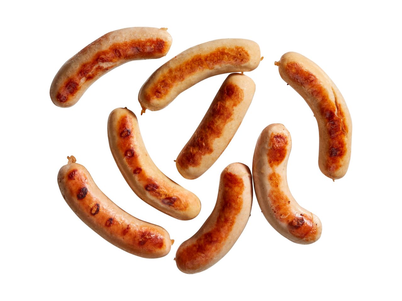 Acht gegrillte Würstchen in Kreisform angeordnet.