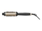 Black and gold hot air styler with a round brush head and power cord.
