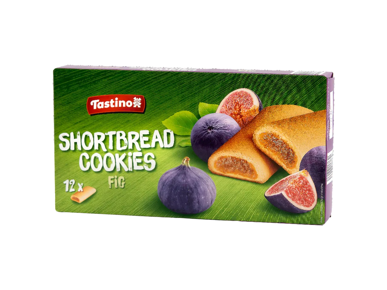 Kutija keksa sa kratkim testom punjenog smokvama, sa celim i prepolovljenim smokvama.