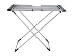 Silver clothes drying rack with black and blue accents, unfolded and ready for use.