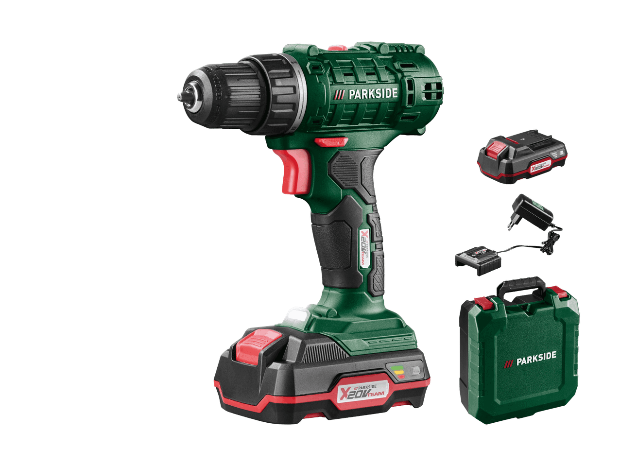 Trapano avvitatore a batteria con batteria, caricabatterie e valigetta.