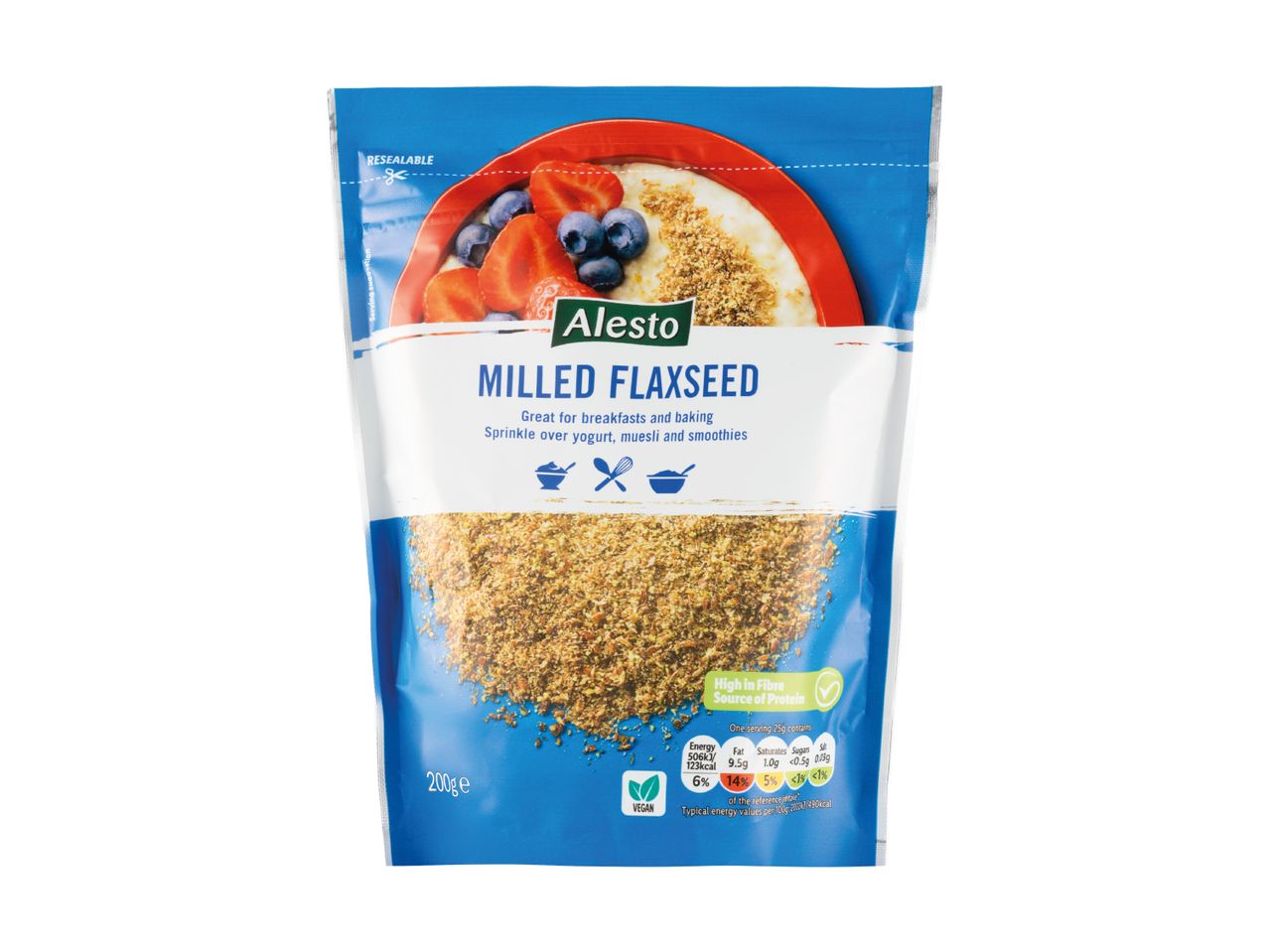 Milled flaxseed in a blue resealable bag, with a serving suggestion of oatmeal with berries.