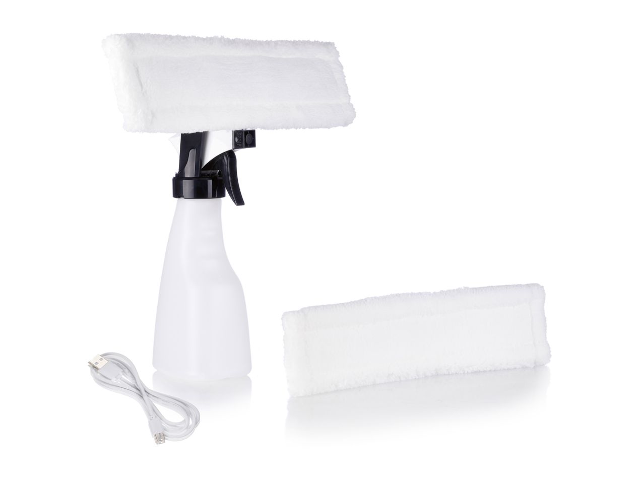 Window cleaning kit with spray bottle and microfiber cloths.