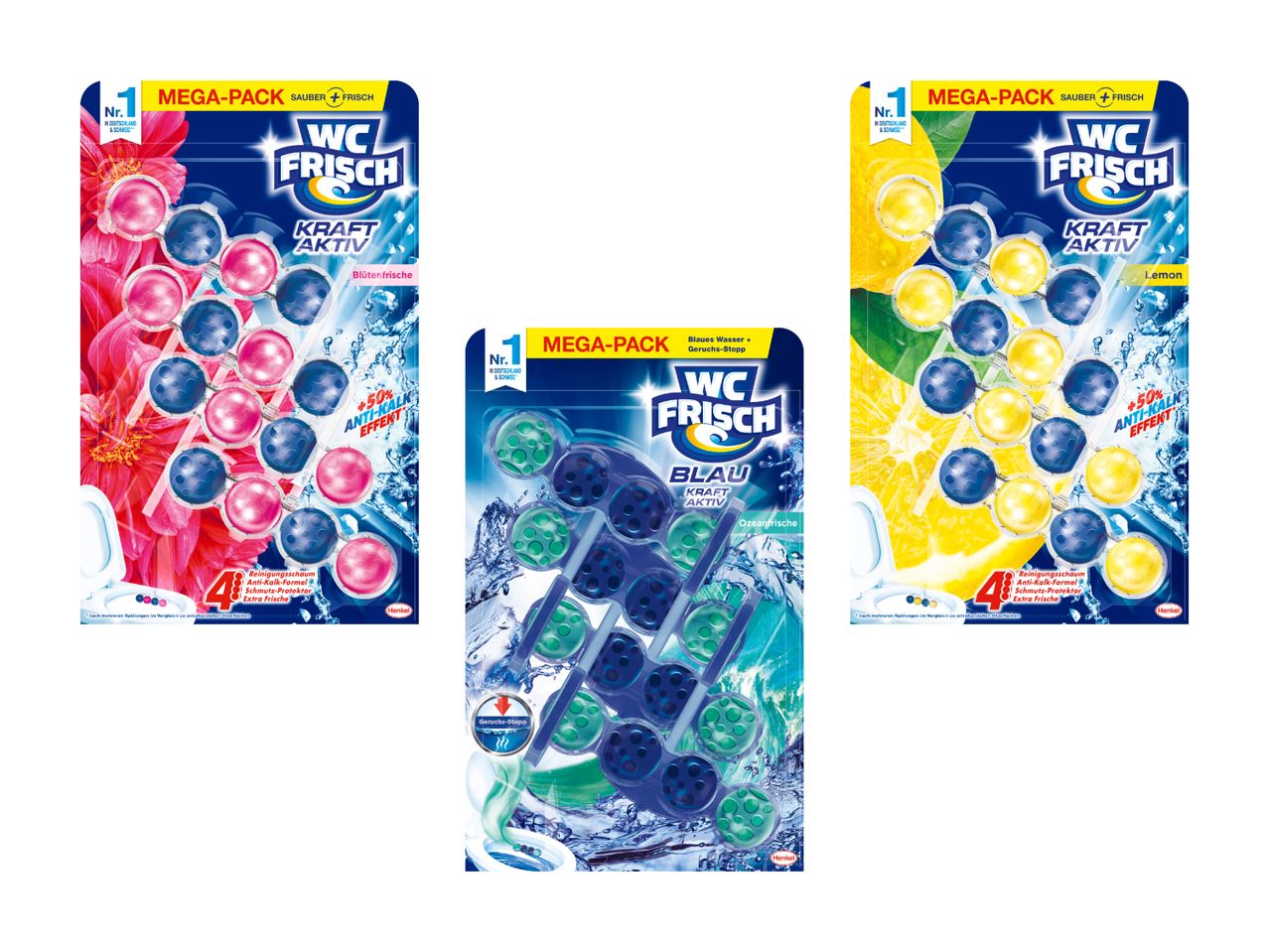 Drei Packungen Air Wick WC-Duftperlen in den Sorten rote Früchte, Zitrone und Ozean.