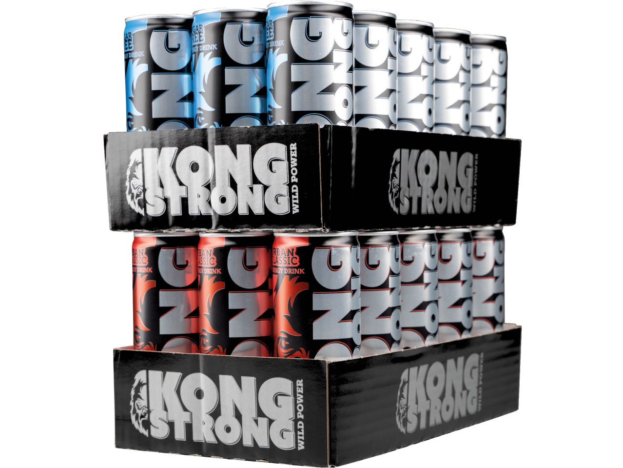 Två staplar med Kong Strong energidryck i olika färger.