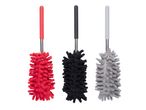 Three microfiber duster wands in red, black, and gray.
