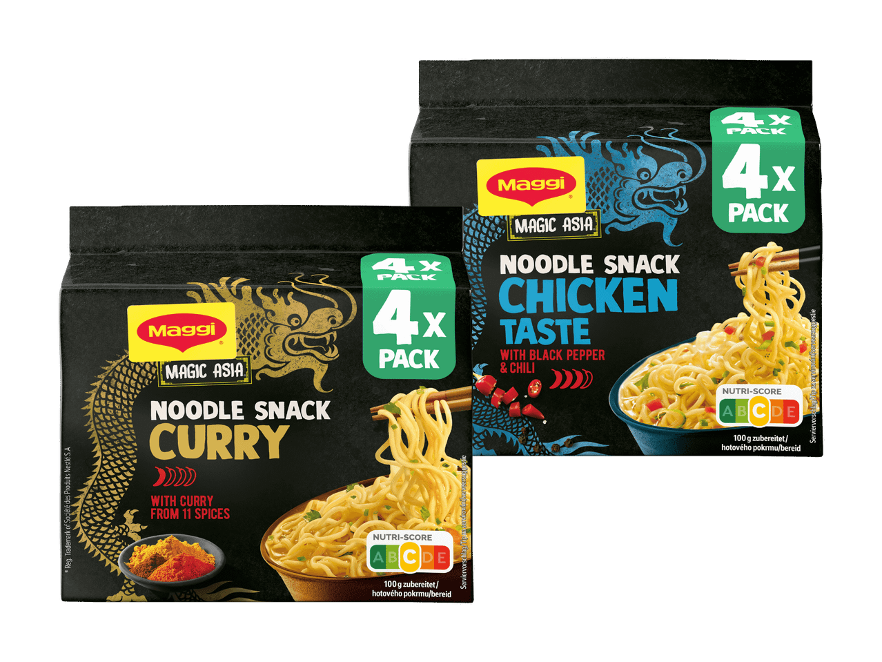 Zwei Packungen Nudelsnacks, eine mit Curry-Geschmack und die andere mit Hühnchen-Geschmack, jeweils mit 4 Packungen.