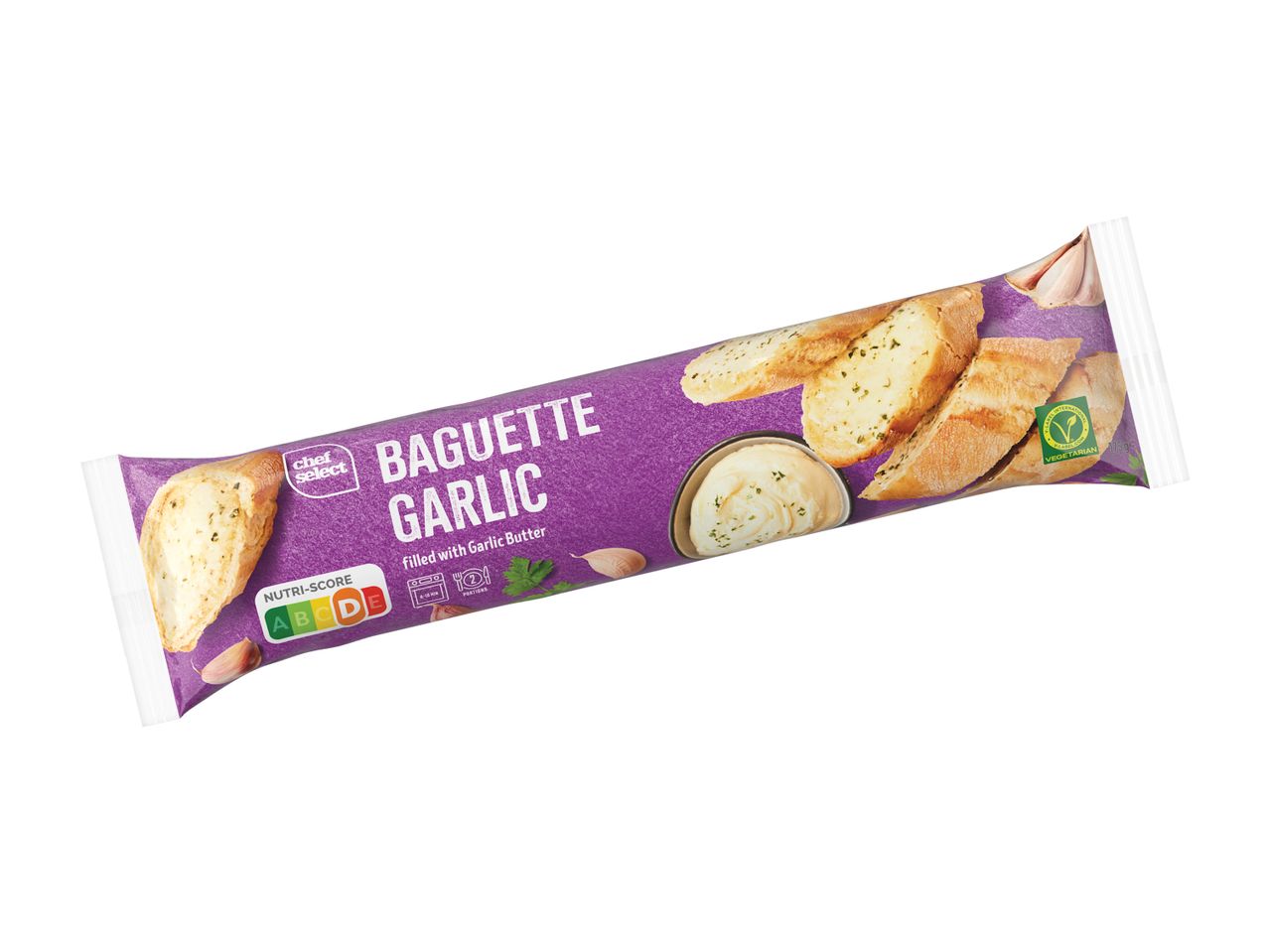Pakiranje česnove bagete znamke Chef Select, z oznako Nutri-Score A in vegetarijanskim certifikatom.
