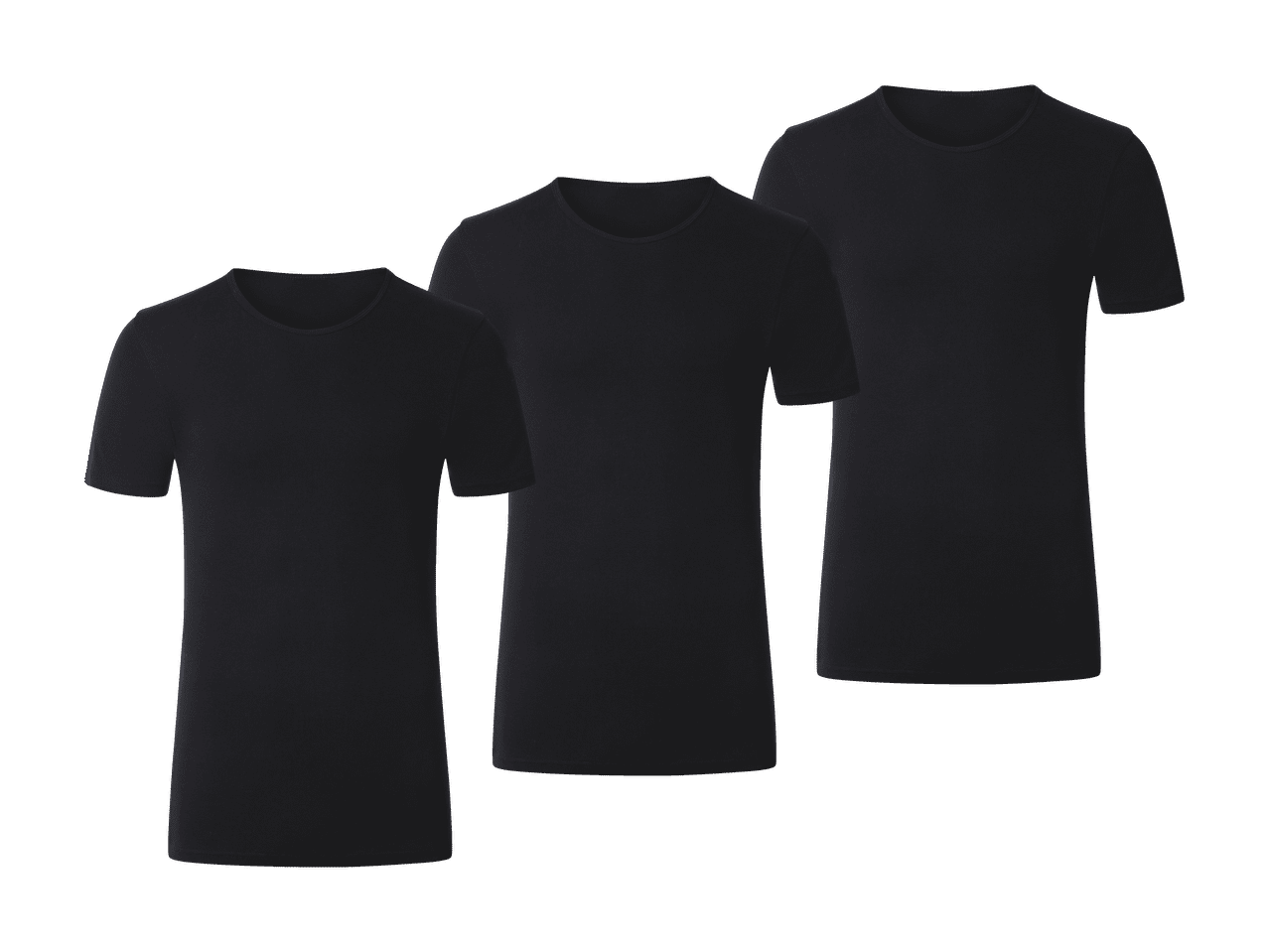 Tre sorte T-shirts med rund hals, der ligger forskudt på en hvid baggrund.