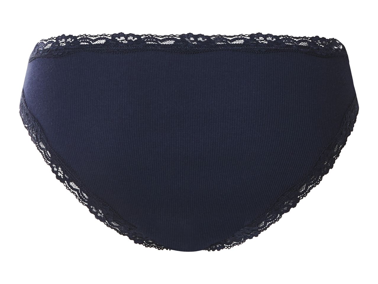 Dark blue ribbed women's briefs with lace trim.