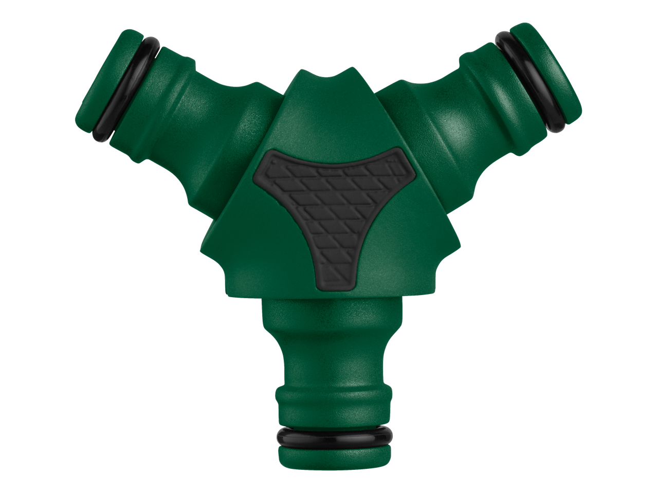 Conector de mangueira de jardim PARKSIDE verde em forma de Y com três saídas.