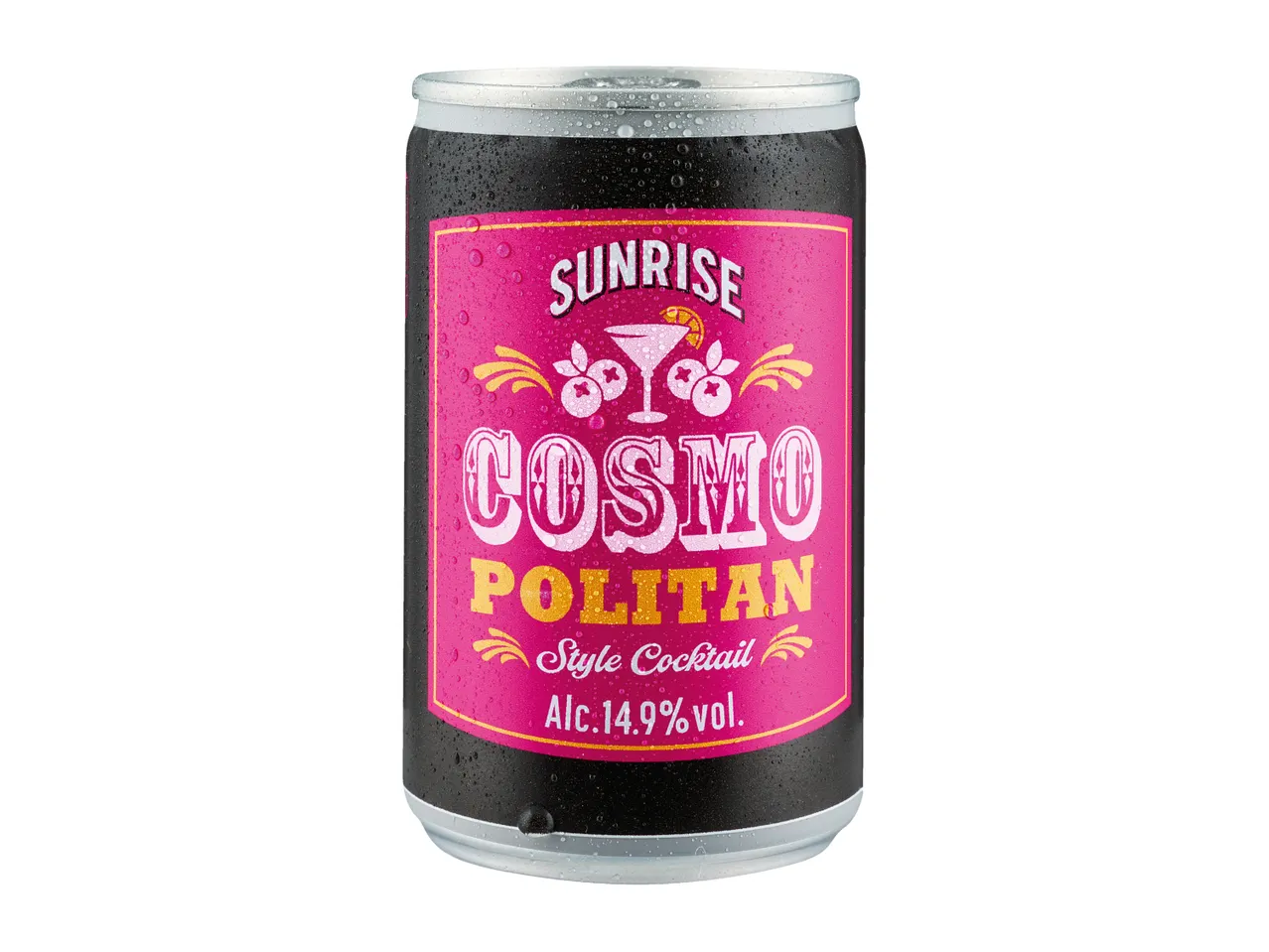 A chilled can of Cosmopolitan style cocktail with a pink label, showing a cocktail glass and berries.