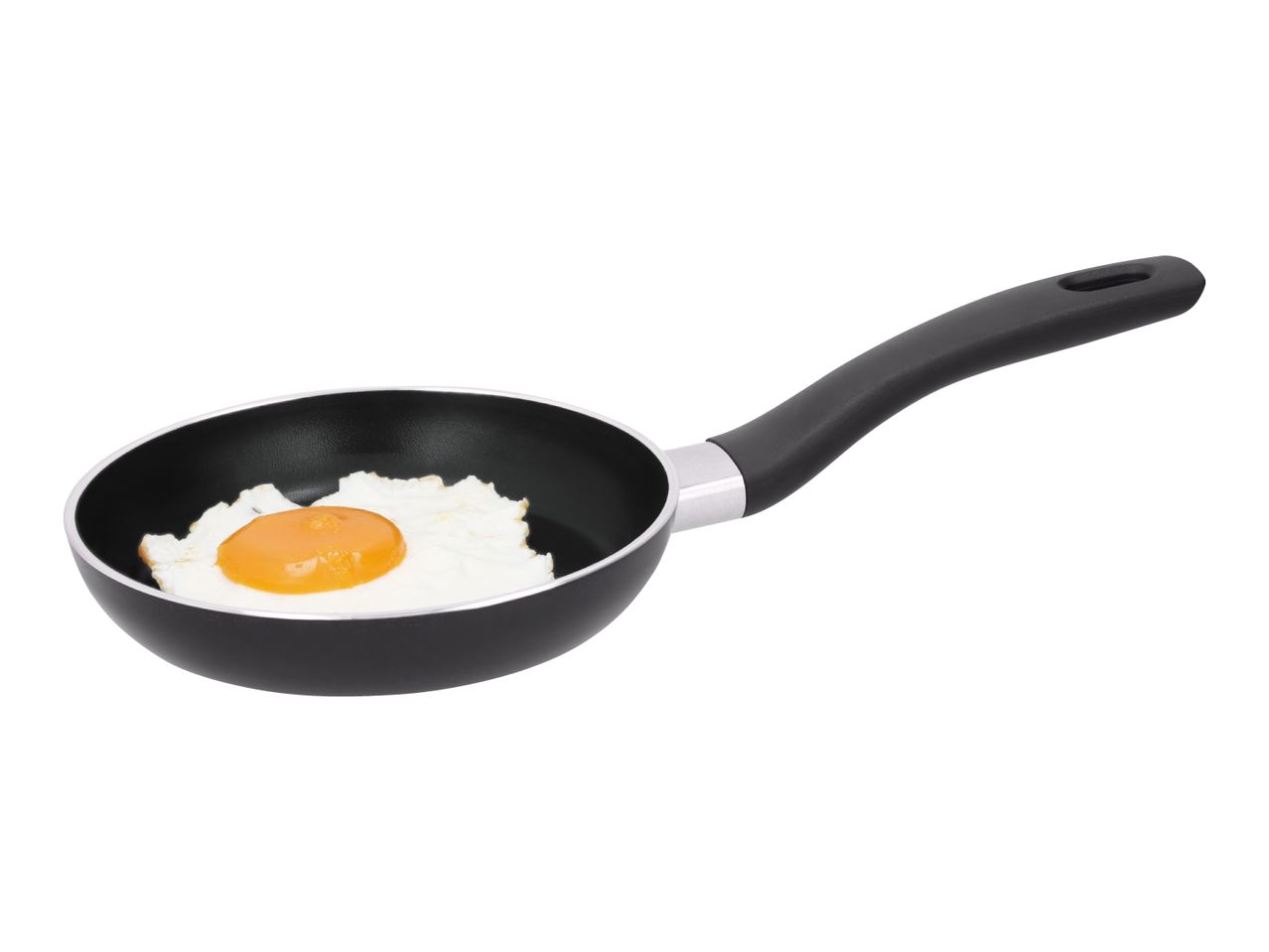 Fried egg in a black frying pan with a black handle.