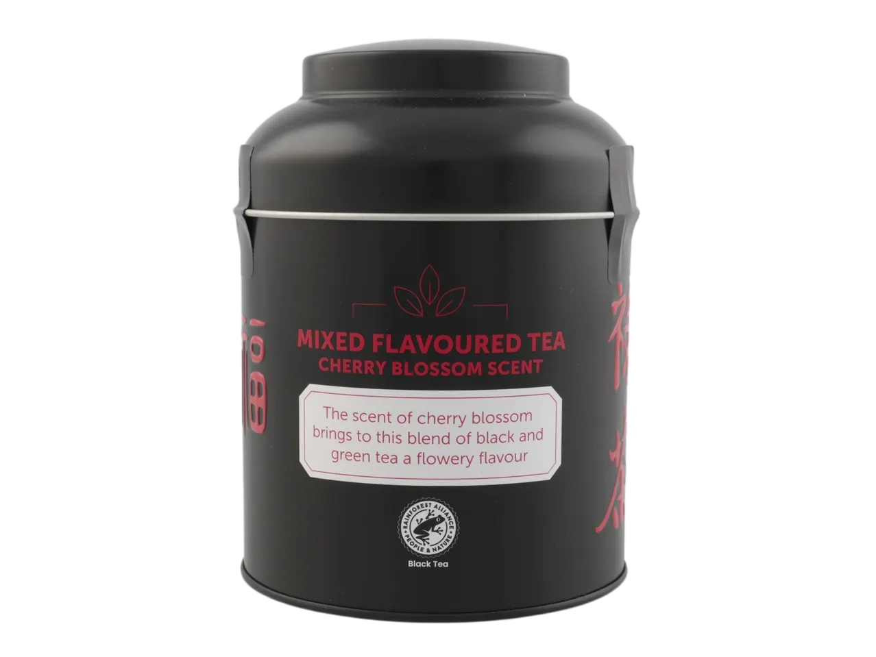 Black tea tin with cherry blossom scent, featuring a Rainforest Alliance logo.