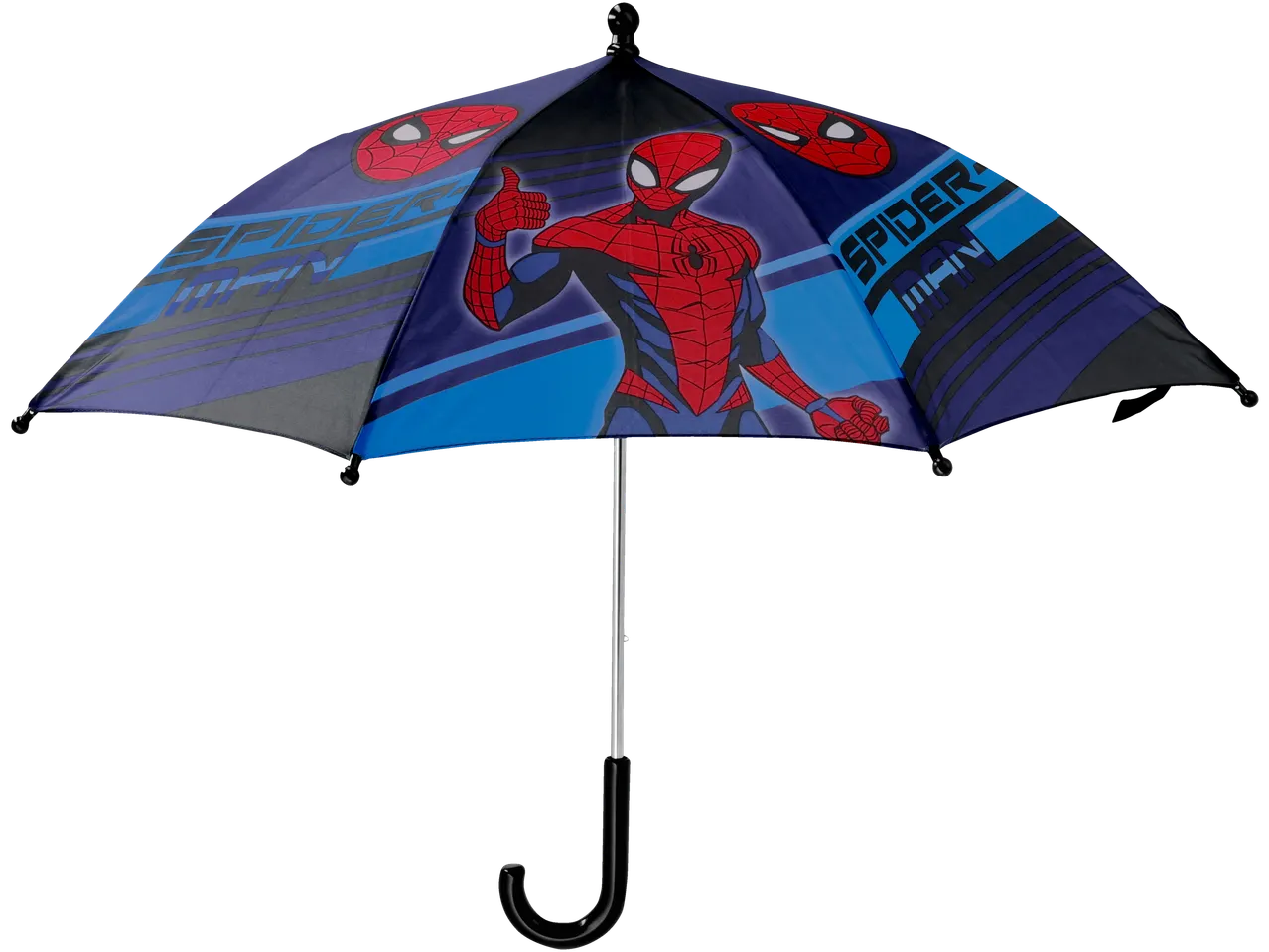 Kids’ umbrella with a large Spider-Man graphic and text on a blue and black background.
