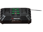 Încărcător de baterii PARKSIDE X20V Team cu două porturi și timpi de încărcare.